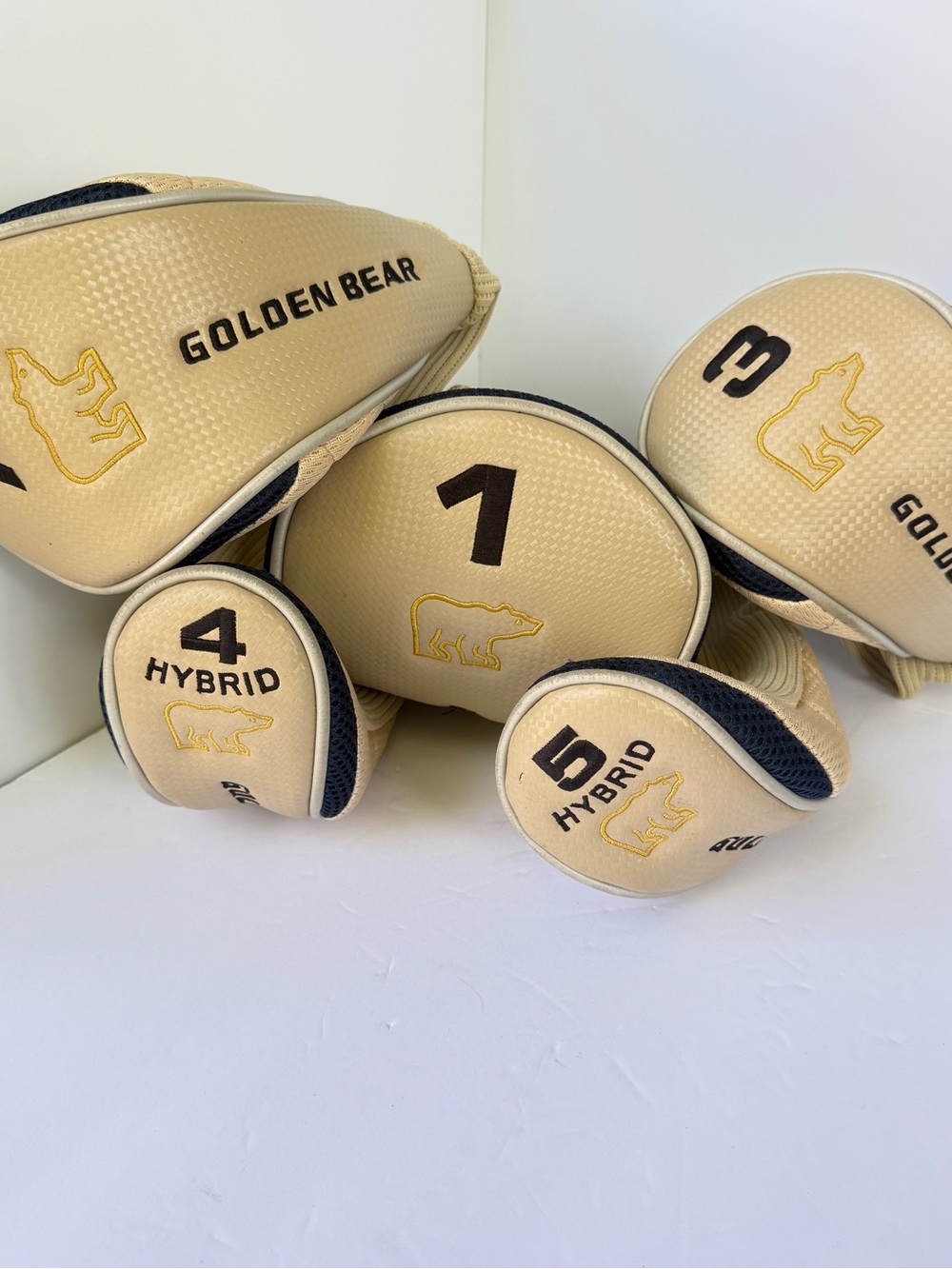 Golden Bear Golf Headcovers 5pc full set Tan Navy Driver Wood Hybrid 1 3 4 5 X
